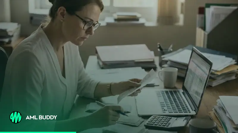 An accountant working through financial documents and receipts at a desk with a laptop
