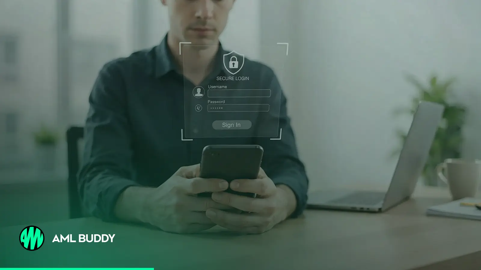 A man signing in to a secure account on his smartphone at an office desk
