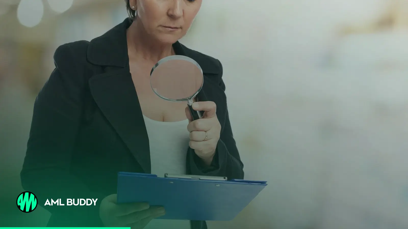 A woman checking a document folder through a magnifying glass