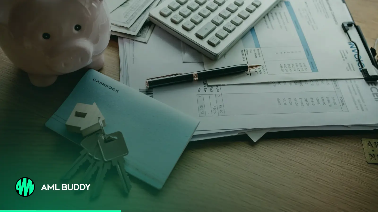 House keys, a piggy bank, bank statements and a calculator on a desk